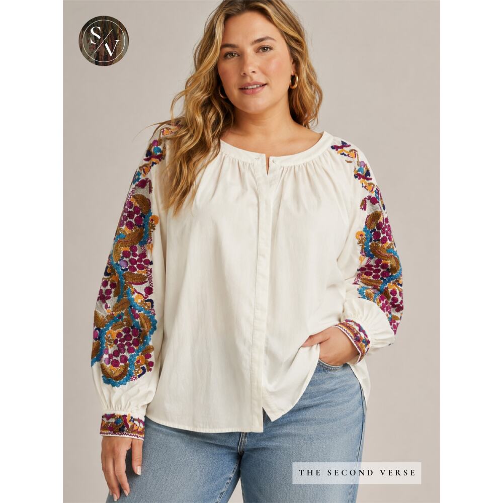 H&M Ivory Cream Embroidered‎ Long Puff Sleeve Women's Top Size 12
